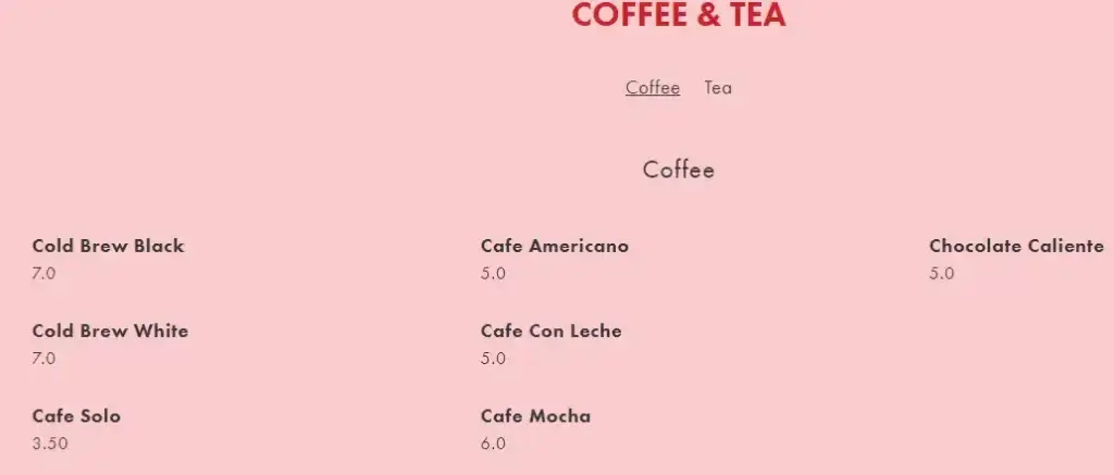 Great Mischief Menu – Coffee prices