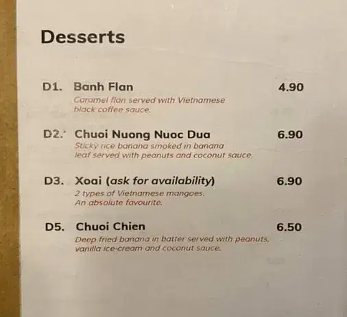 Moc Quan Desserts Menu prices