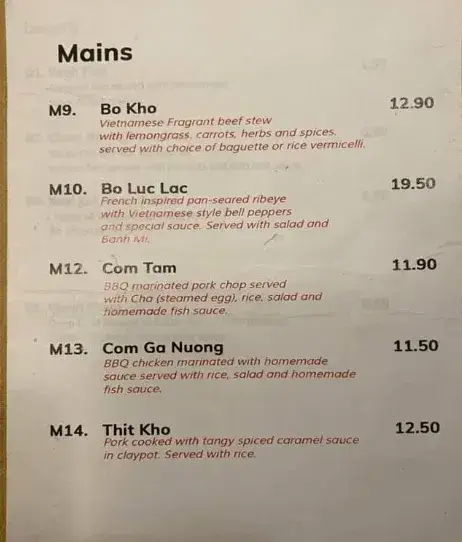 Moc Quan Menu Prices – Mains