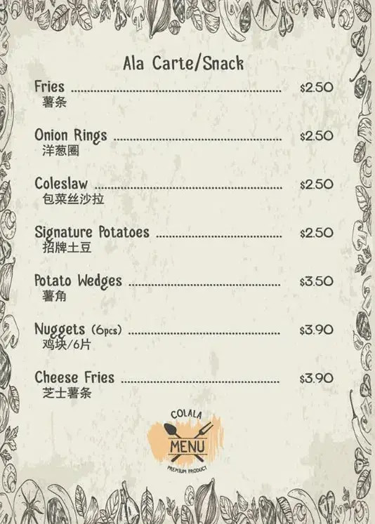 Colala Western Food Singapore Menu Snacks prices