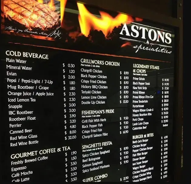 Astons Specialities Menu