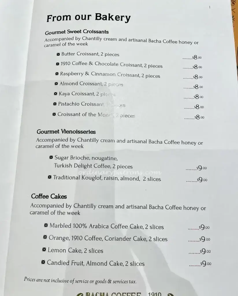 Bacha Coffee Menu Coffee Cakes prices