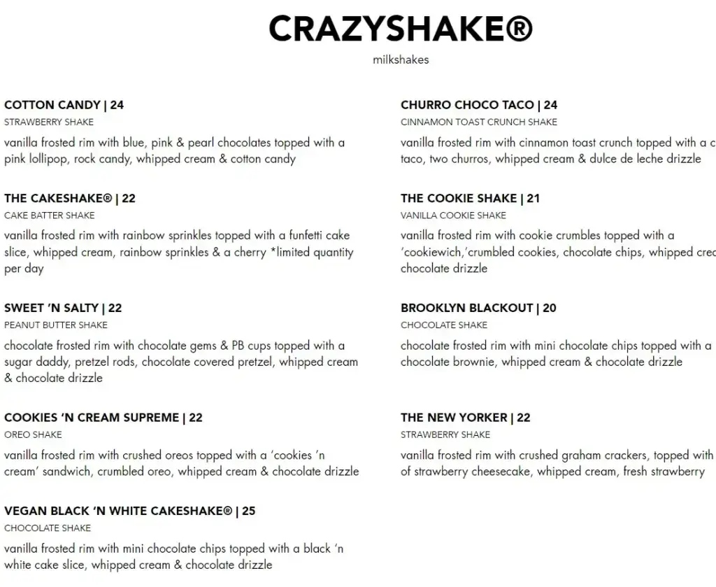 Black Tap Menu – Crazy Shakes prices