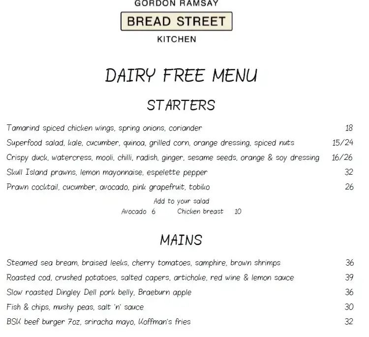 Bread Street Kitchen Dairy Free Menu