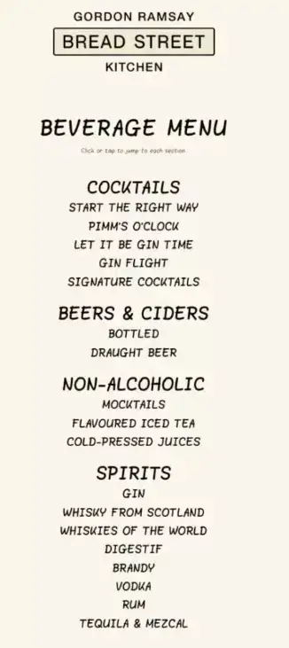 Bread Street Kitchen Singapore Beverages Menu