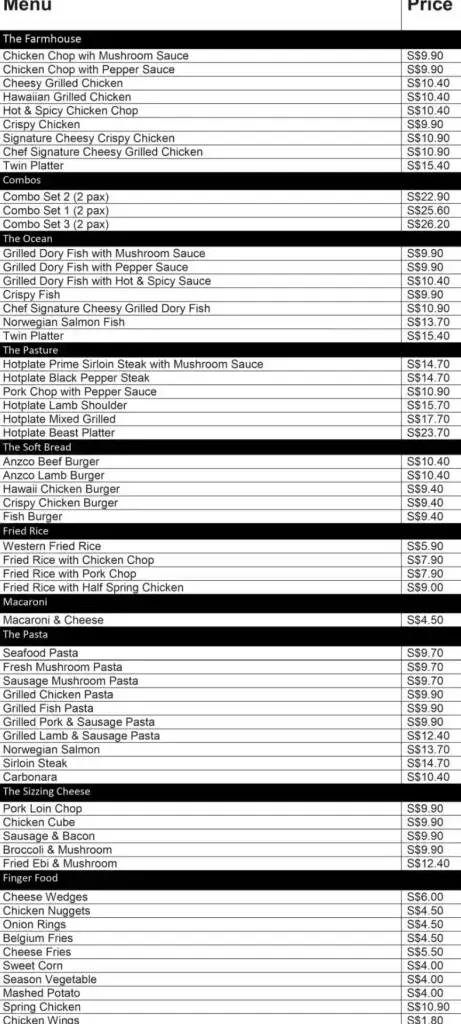 Chop Steak Western Cuisine Menu prices