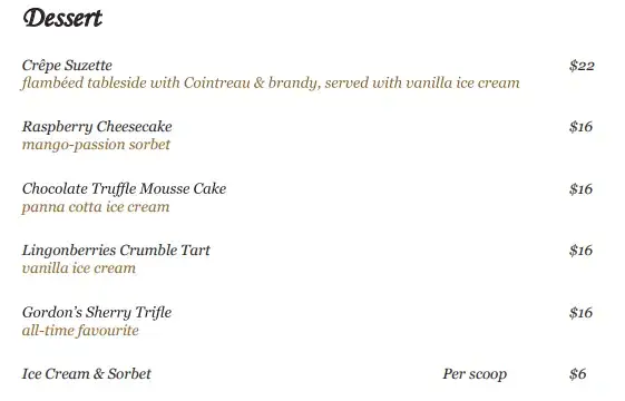 Gordon Grill Dessert Menu prices