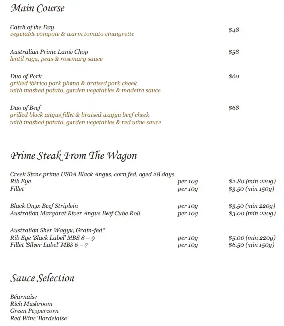 Gordon Grill Main Courses Menu prices