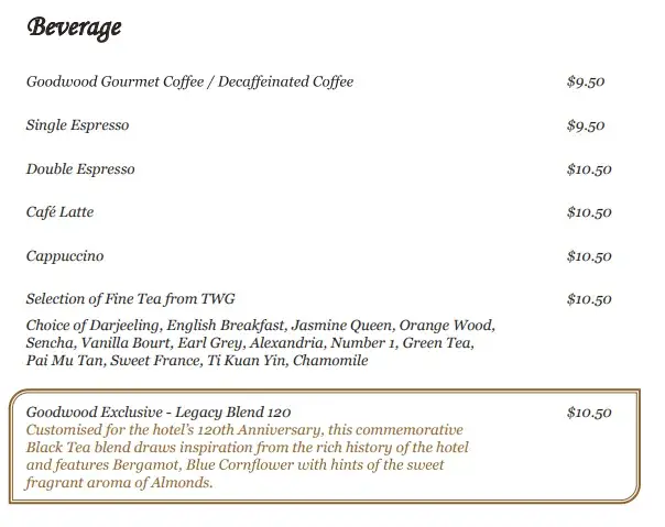 Gordon Grill Singapore Beverage Menu prices