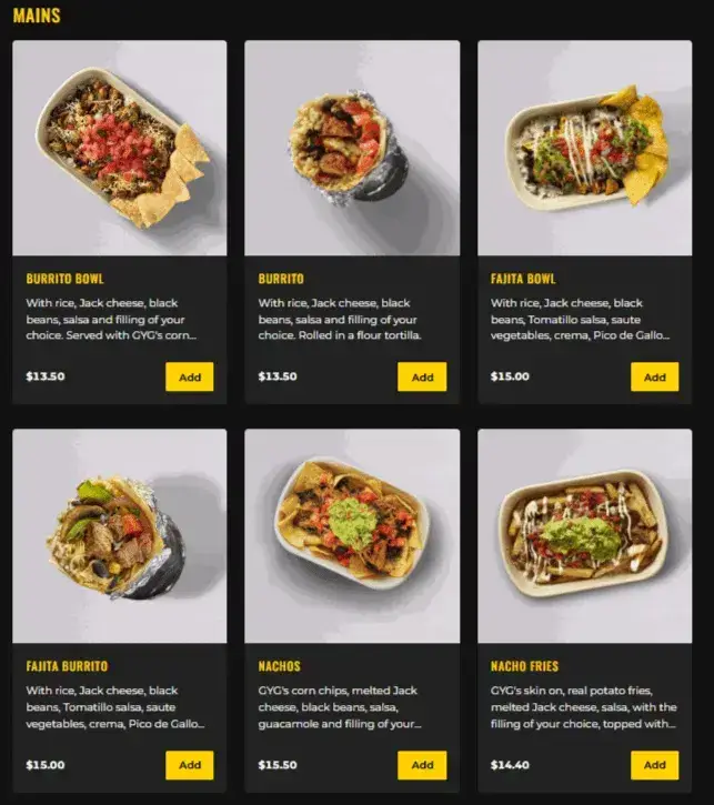 Guzman Y Gomez Singapore Main Dishes prices