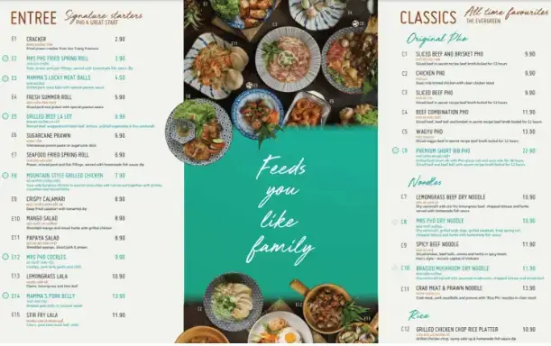 Mrs Pho Menu