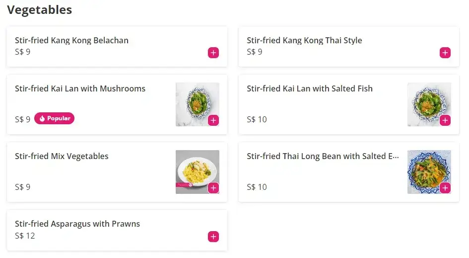 Nagara Thai Singapore Vegetables Menu prices