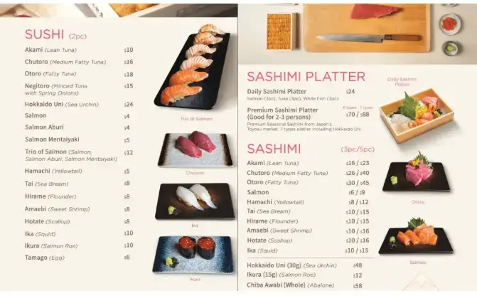 Nozomi Menu Sushi and Sashimi prices