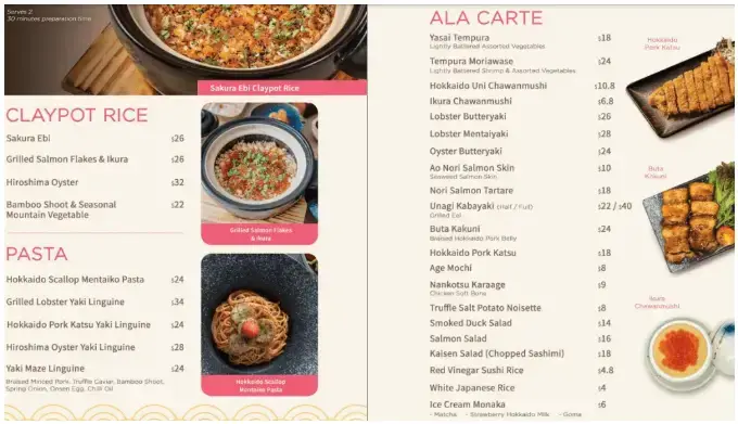 Nozomi MenuClaypot Rice and Pasta prices