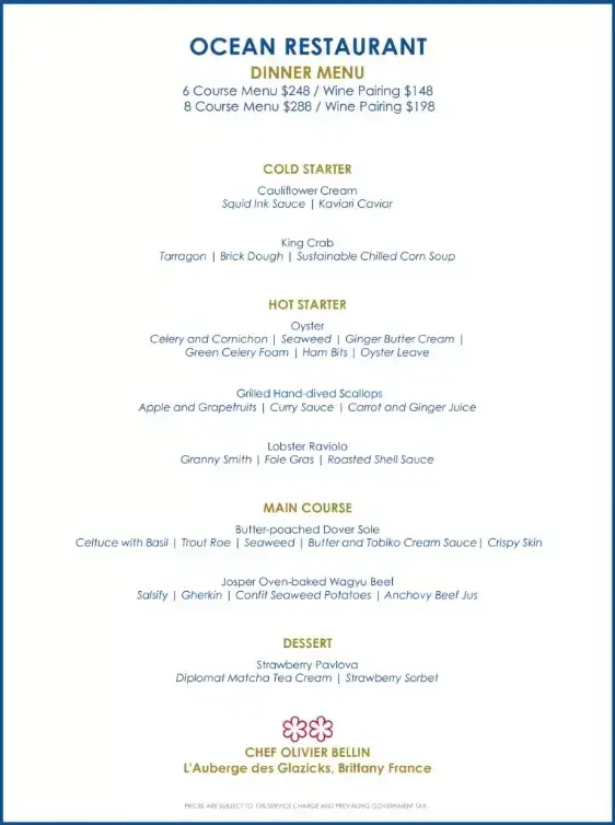 OCEAN RESTAURANT MENU 2023