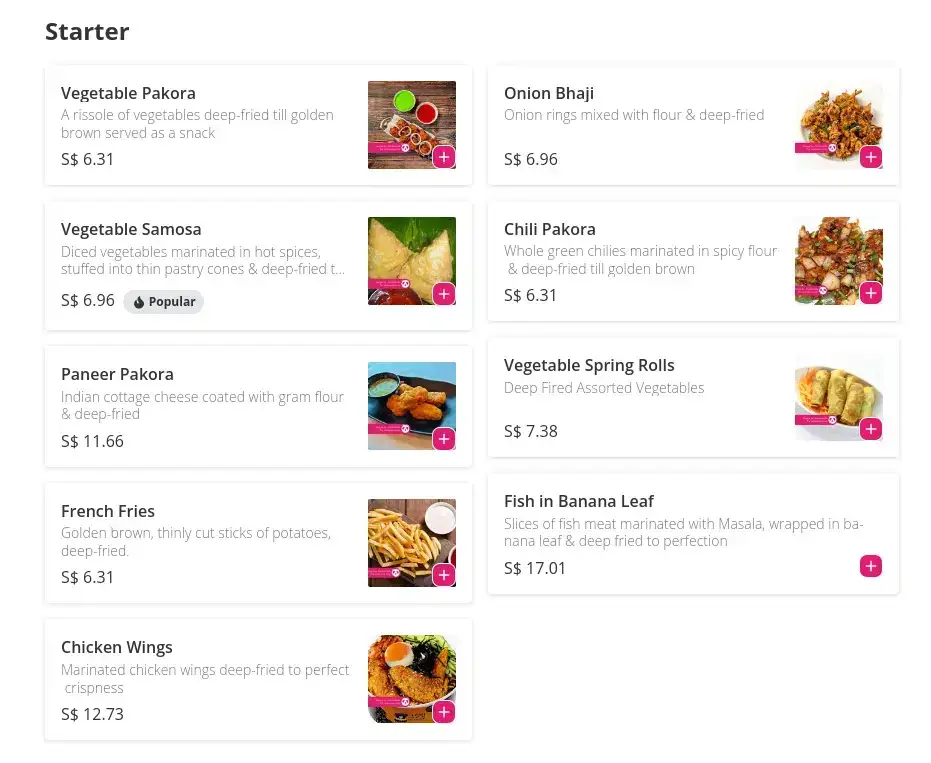 Shish Mahal Menu Starters prices