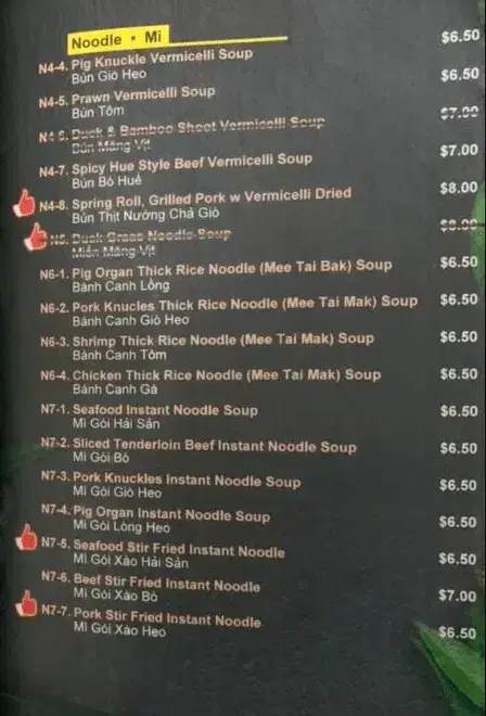 VIET LAP Menu Noodle / Rice prices