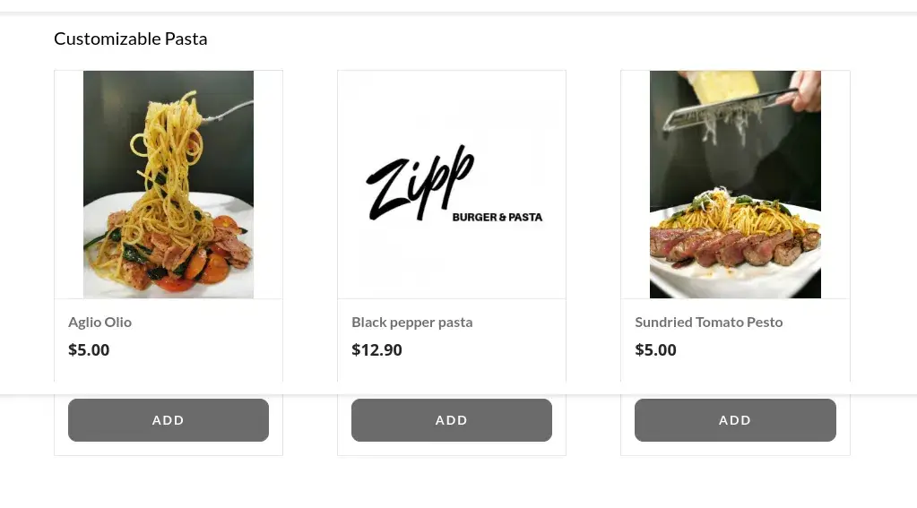 Zipp Burger and Pasta MenuCustomizable Pasta